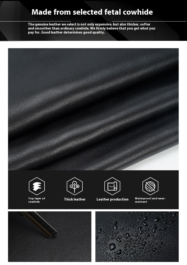 Black leather texture with quality information and icons on a black background