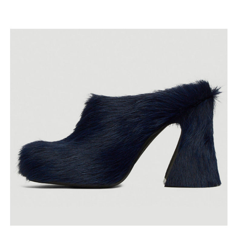 Waterproof Horsehair Chunky Heel Slippers, Sizes 34-43