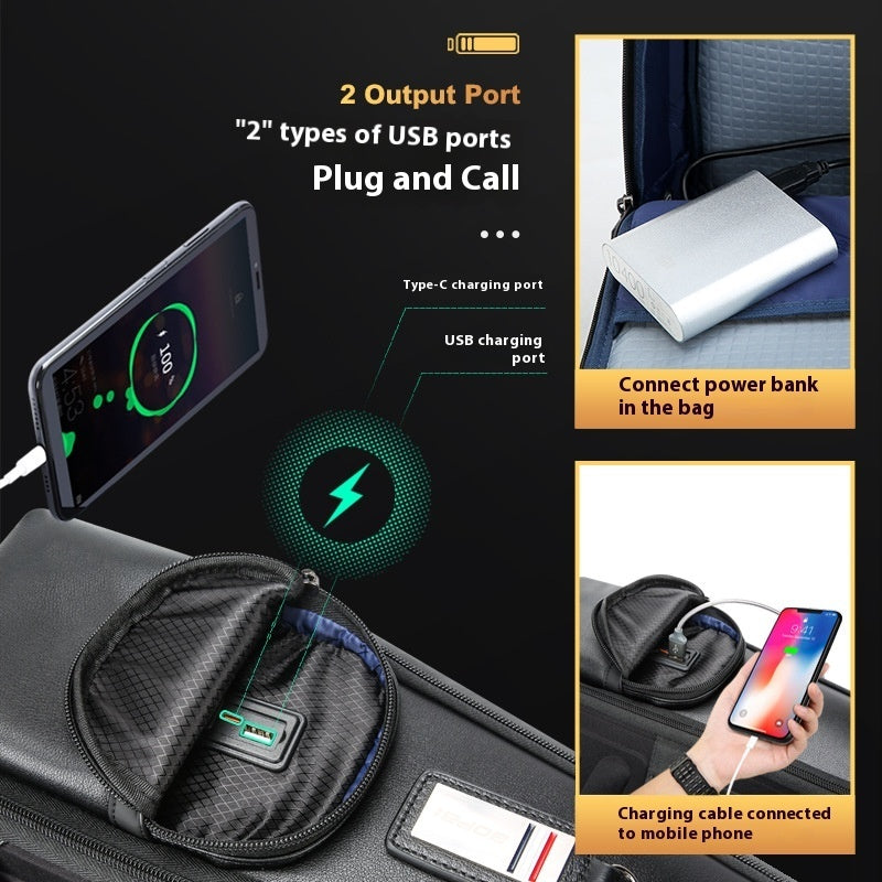 Black travel bag with USB charging ports and power bank connection, showing smartphone charging.