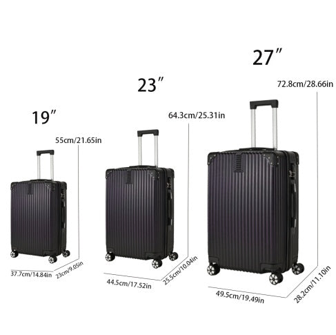Three black suitcases of different sizes with measurements on a white background