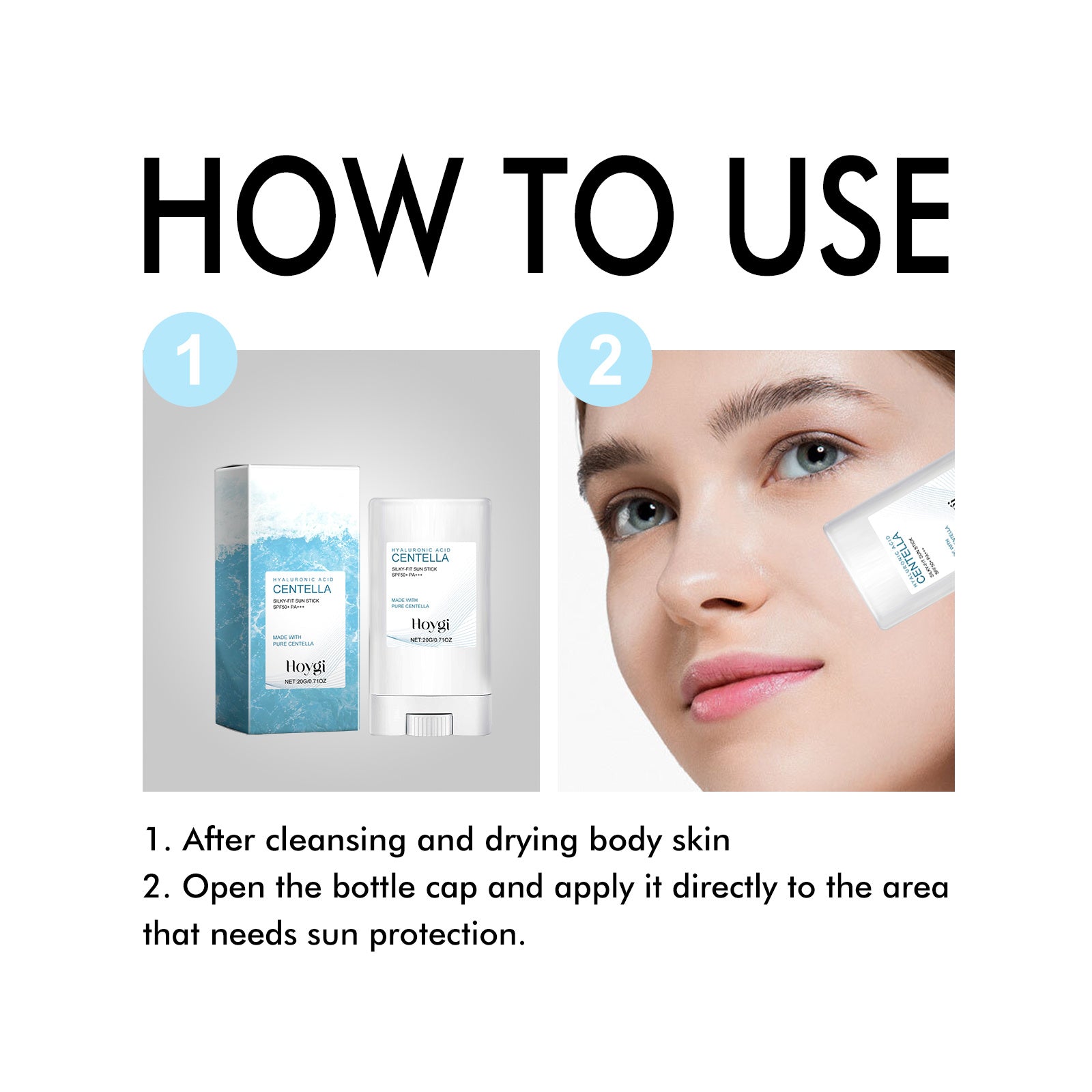 Instructions on how to use skincare products with a close-up of a woman's face applying cream.