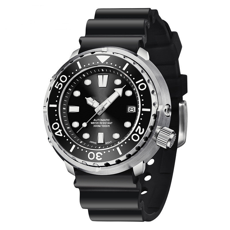 Black wristwatch with a detailed face on a white background