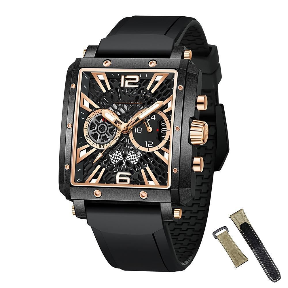 Black and rose gold watch with additional strap on a white background