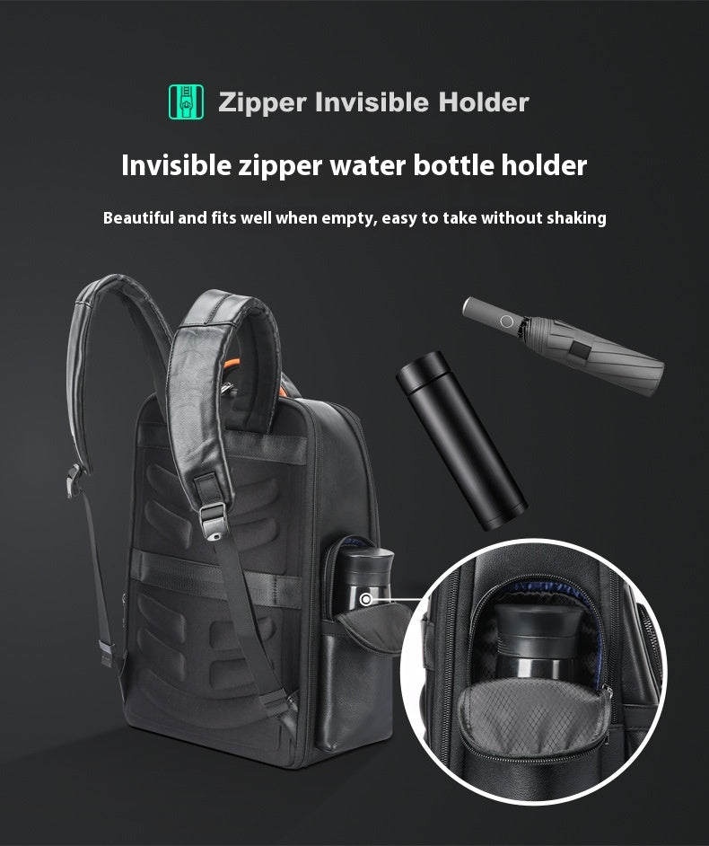 Backpack with an invisible zipper water bottle holder on a dark background