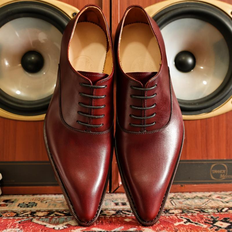 Pair of brown leather dress shoes with black laces in front of a vintage speaker.
