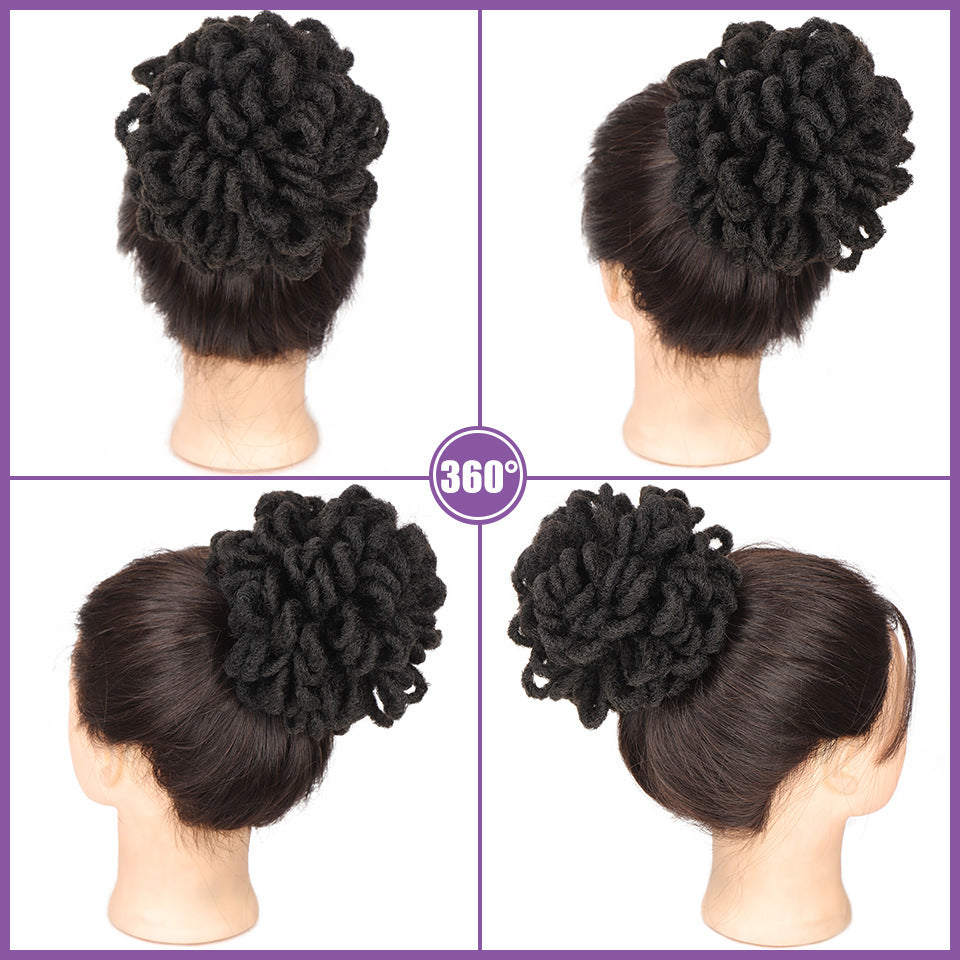 Black hair bun extension displayed on mannequin heads from multiple angles with a purple border.