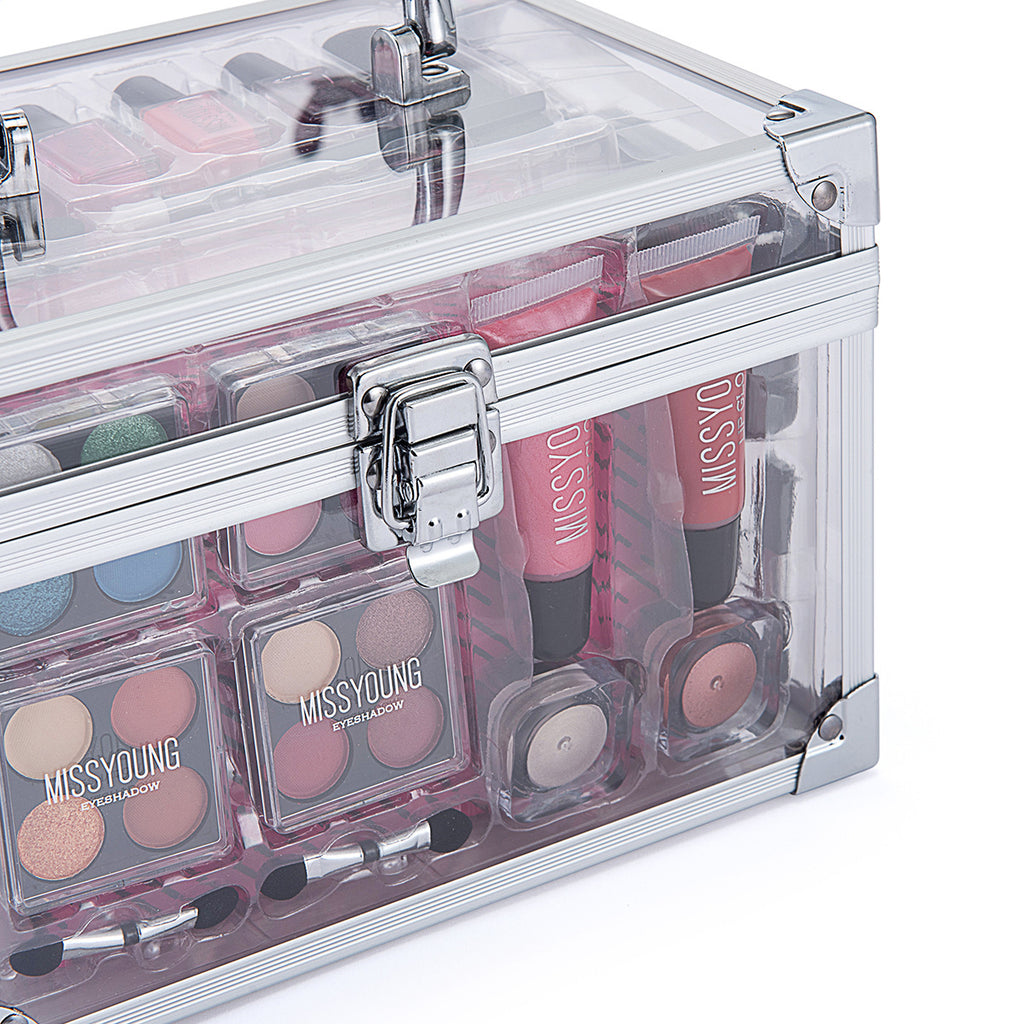 Makeup set with lipsticks and eyeshadows in a clear case, featuring the brand 'MISSYOUNG'.