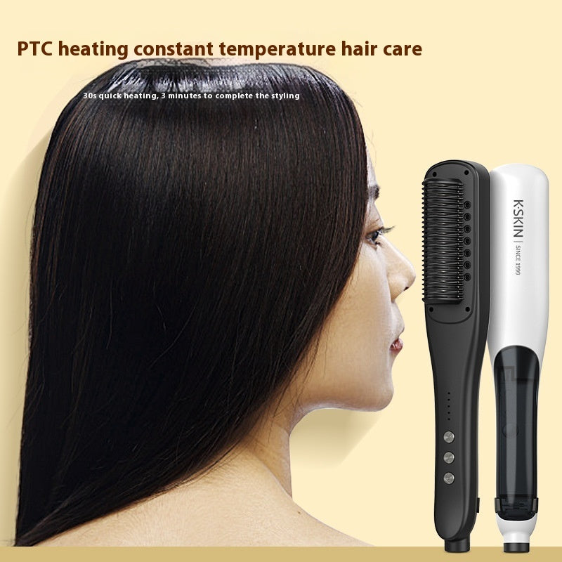 Woman with straightened hair using a KSNIN hair straightening tool on a beige background