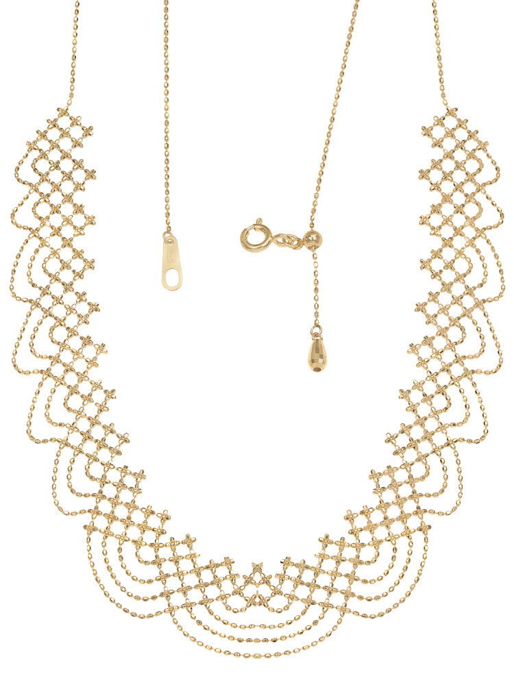 Gold necklace with intricate design on a white background