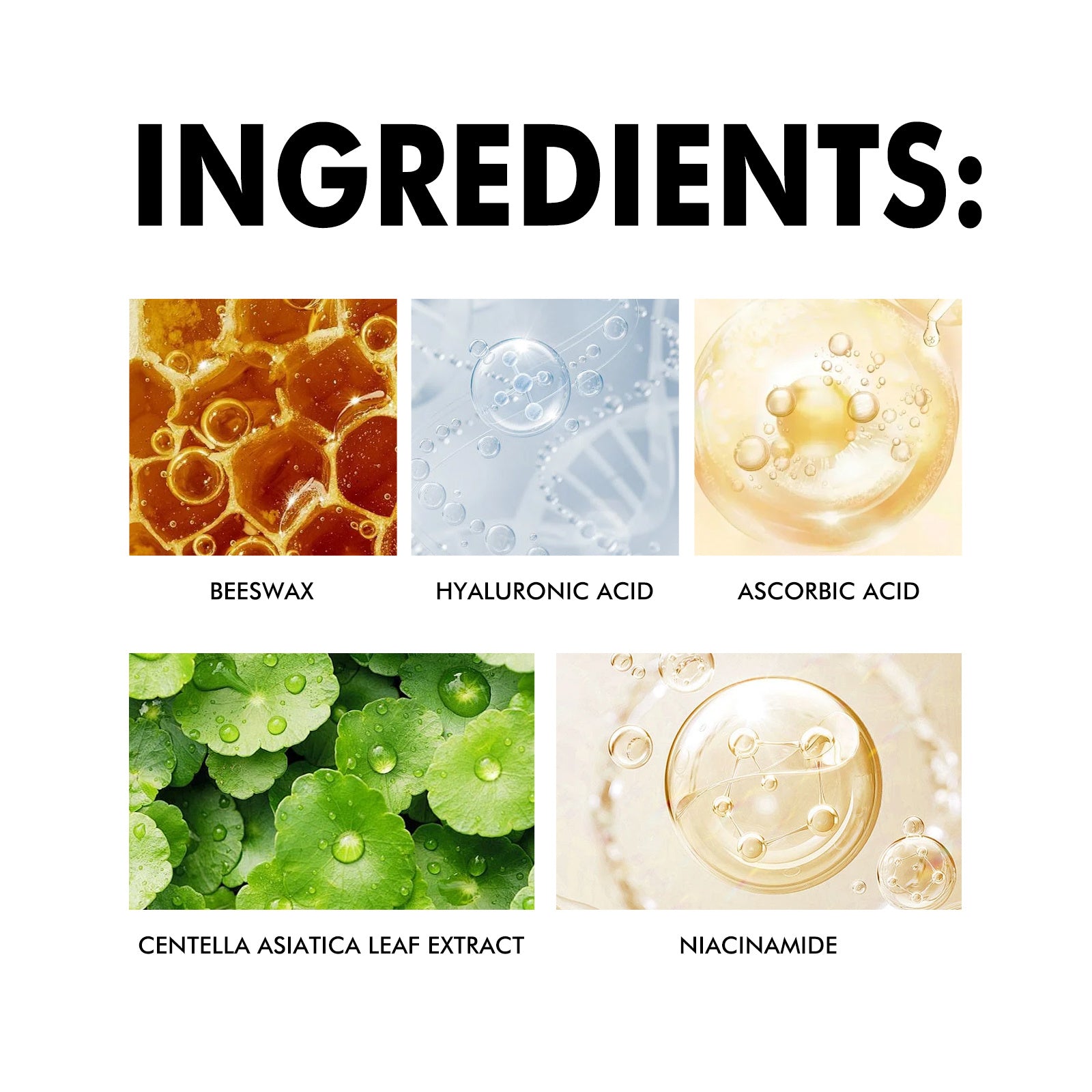 List of skincare ingredients with corresponding images and names on a white background.