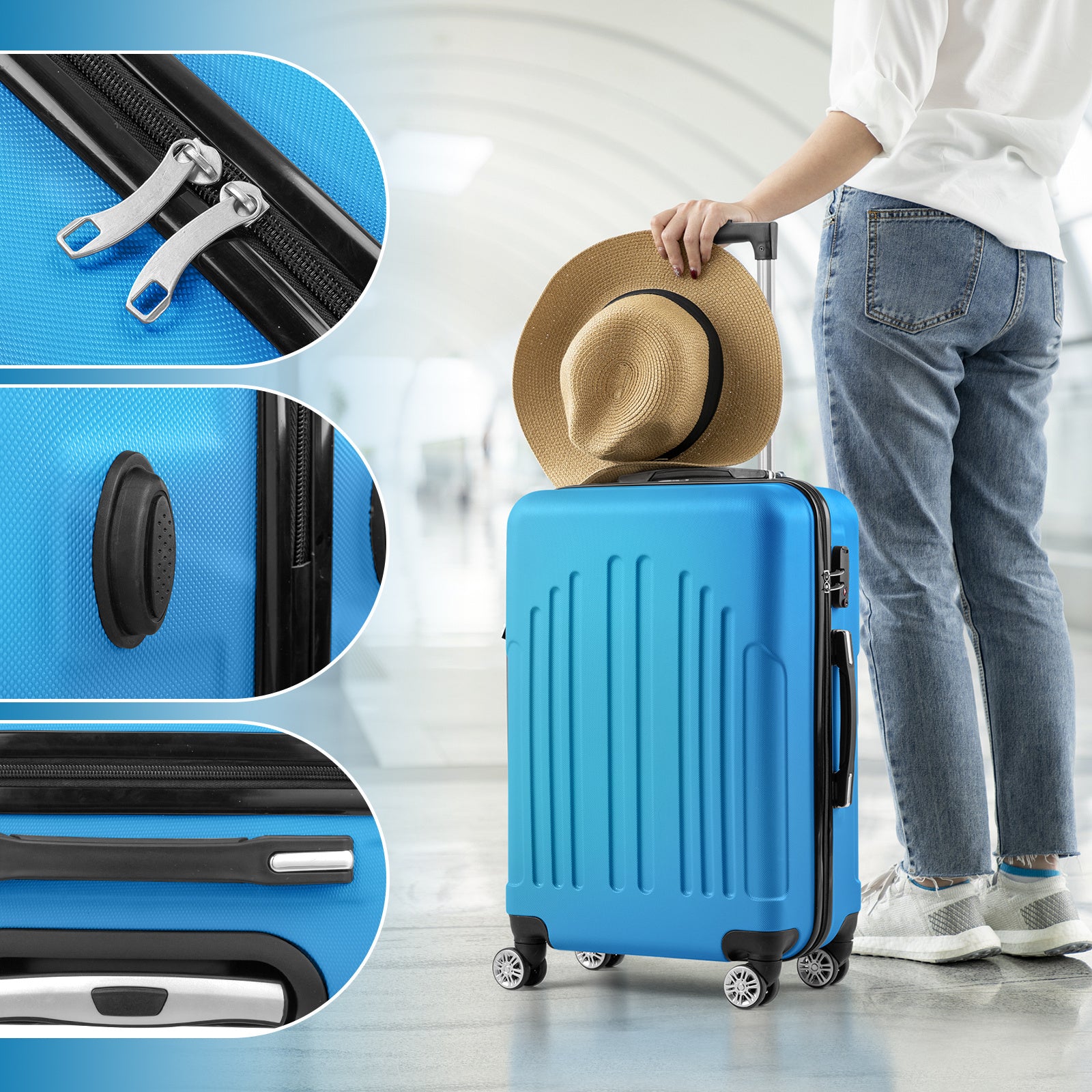 Blue suitcase with a person holding a hat, close-up details of the suitcase, and a blurred background.