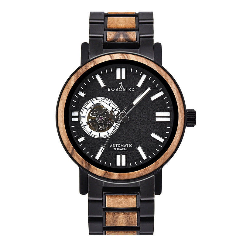 Watch with black and wooden design on a white background