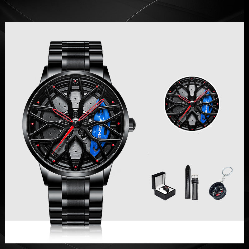 Black wristwatch with detailed face, box, strap, and keychain on a light gray background