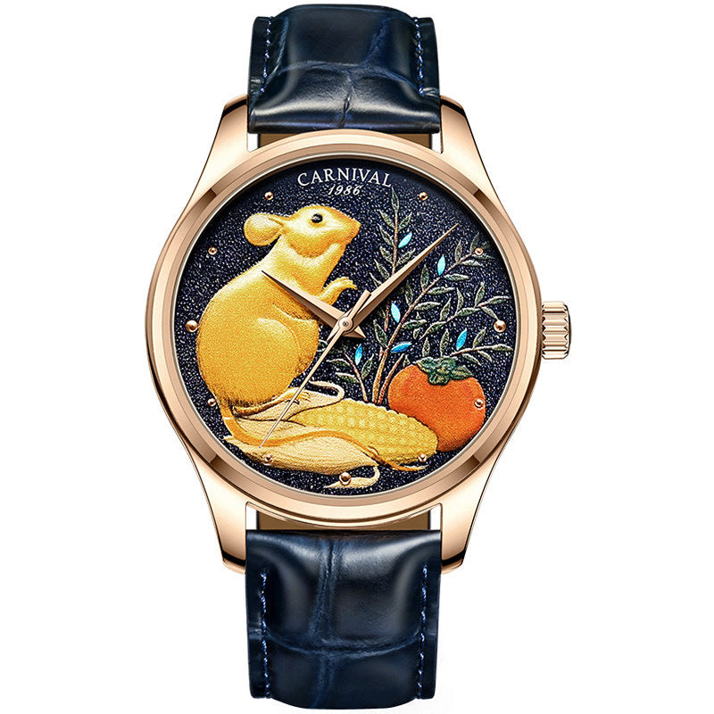 Watch with a detailed dial featuring a mouse and vegetables, branded 'Carnival'.