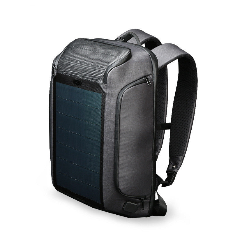 Gray backpack with solar panel on a white background