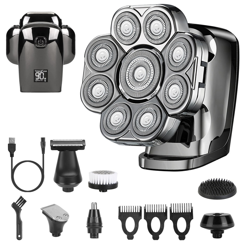 Electric shaver set with multiple attachments on a white background