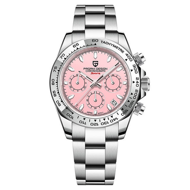 Silver watch with a pink face on a white background