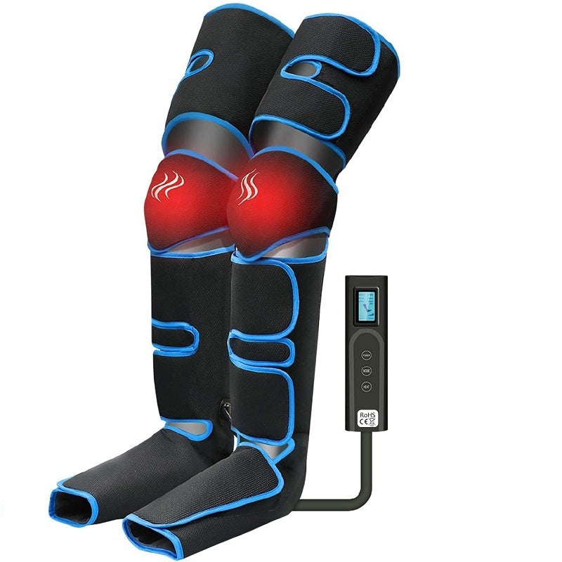 Black and blue knee massager with digital controller on a white background