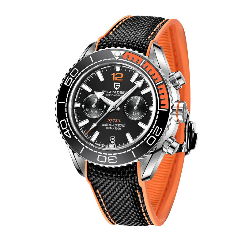 Wristwatch with black and orange strap on a white background