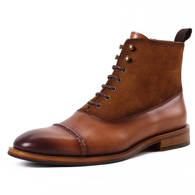 Brown leather boot with lace-up design on a white background