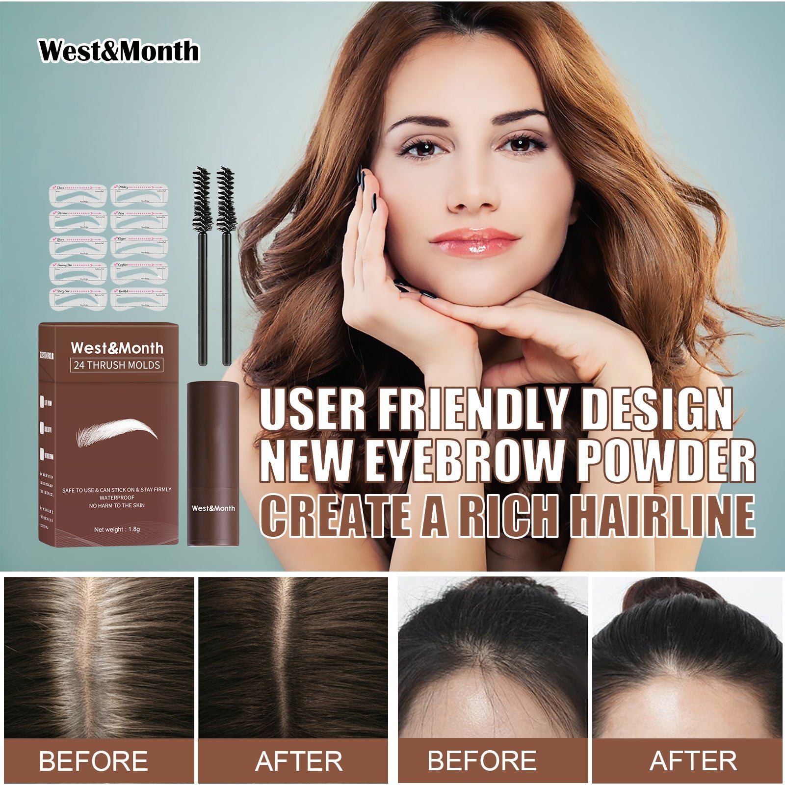 Advertisement for West&Month eyebrow products with a woman, packaging, and before-and-after comparisons.