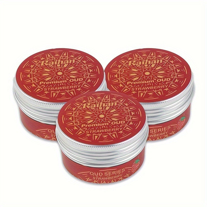 Red containers with gold text and strawberry flavor label on a white background
