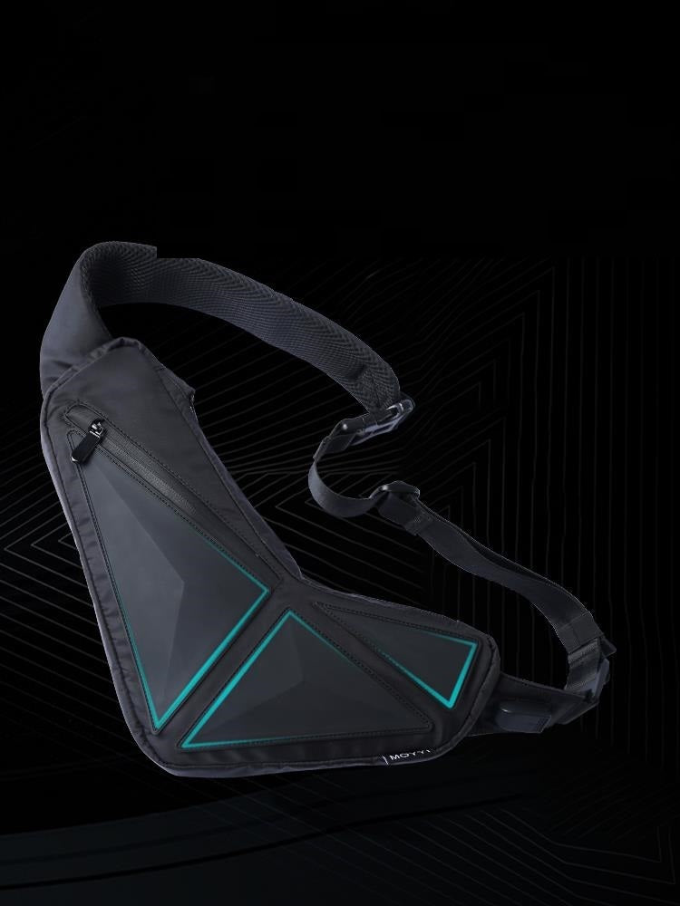 Black and gray shoulder bag with teal accents on a black background