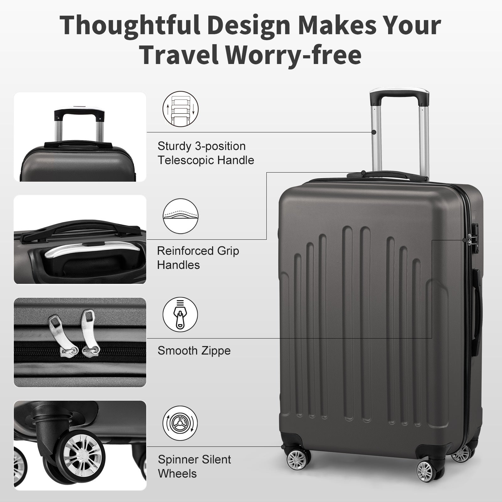Black suitcase with features highlighted on a light gray background