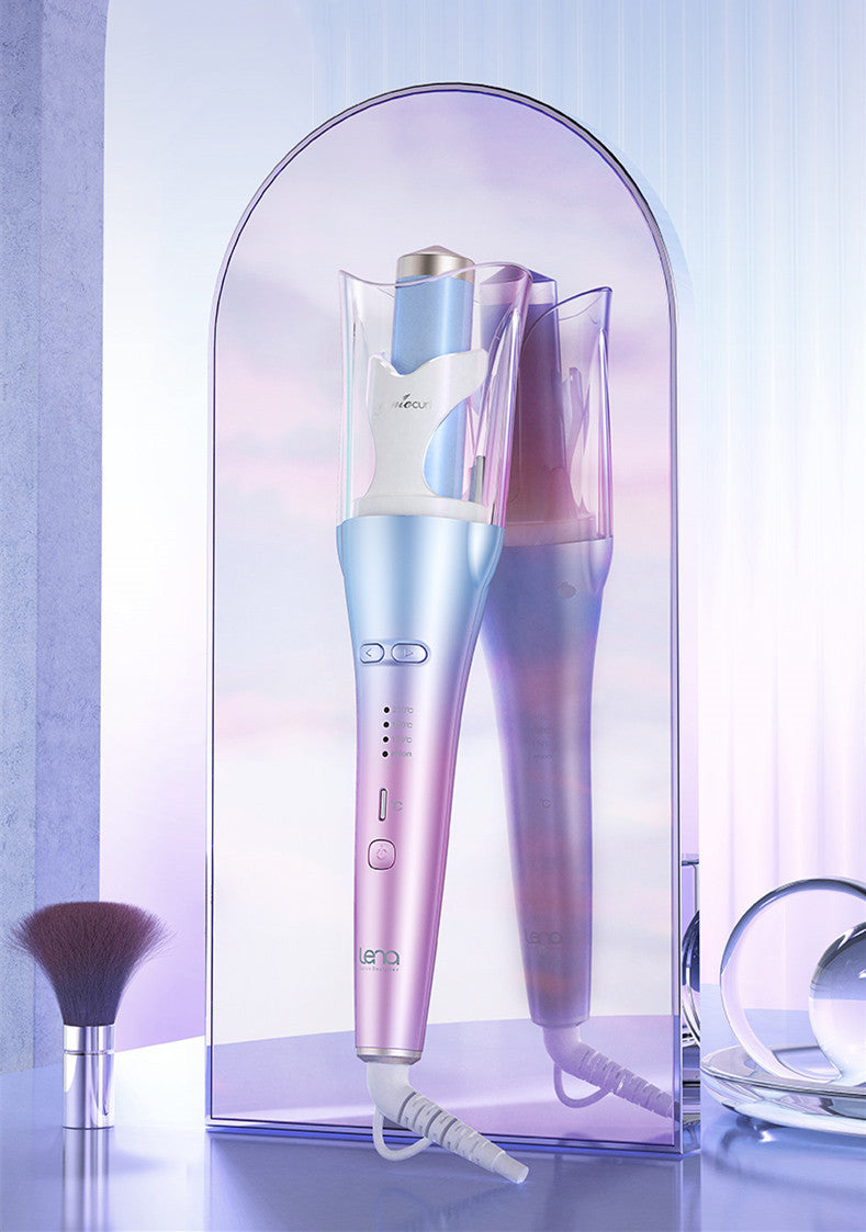 Gradient-colored hair straightener in a clear dome on a light background