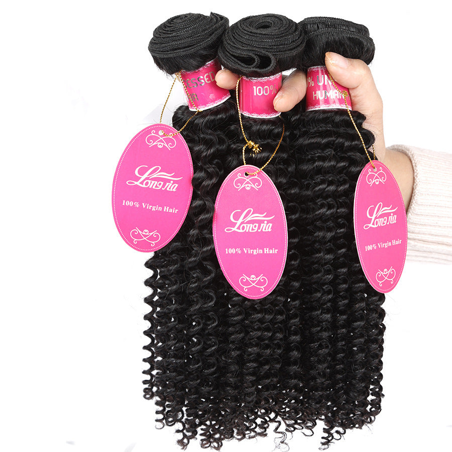 10A Deep Curly Brazilian Human Hair Bundles Weave in natural black, showing three thick curly hair bundles with pink tags.