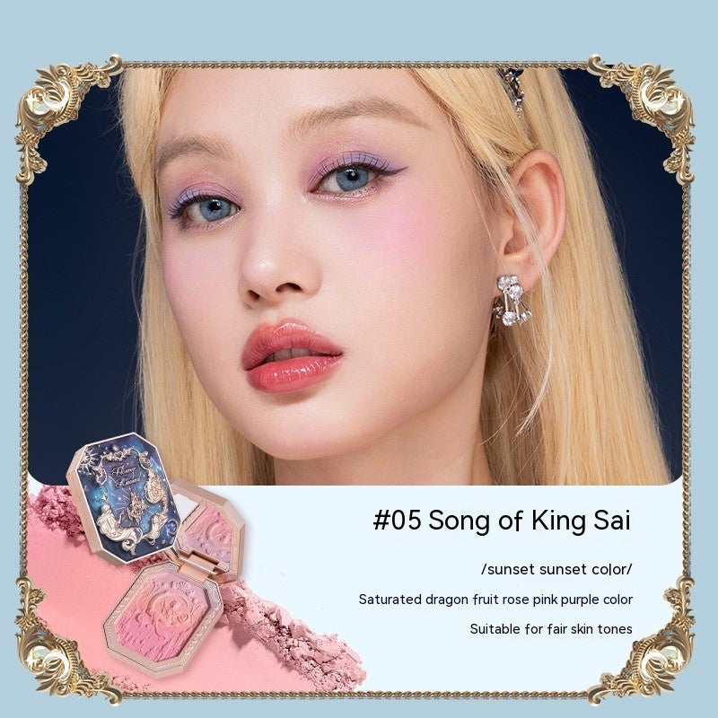 Makeup product with decorative case and face of a model wearing earrings on a light blue background