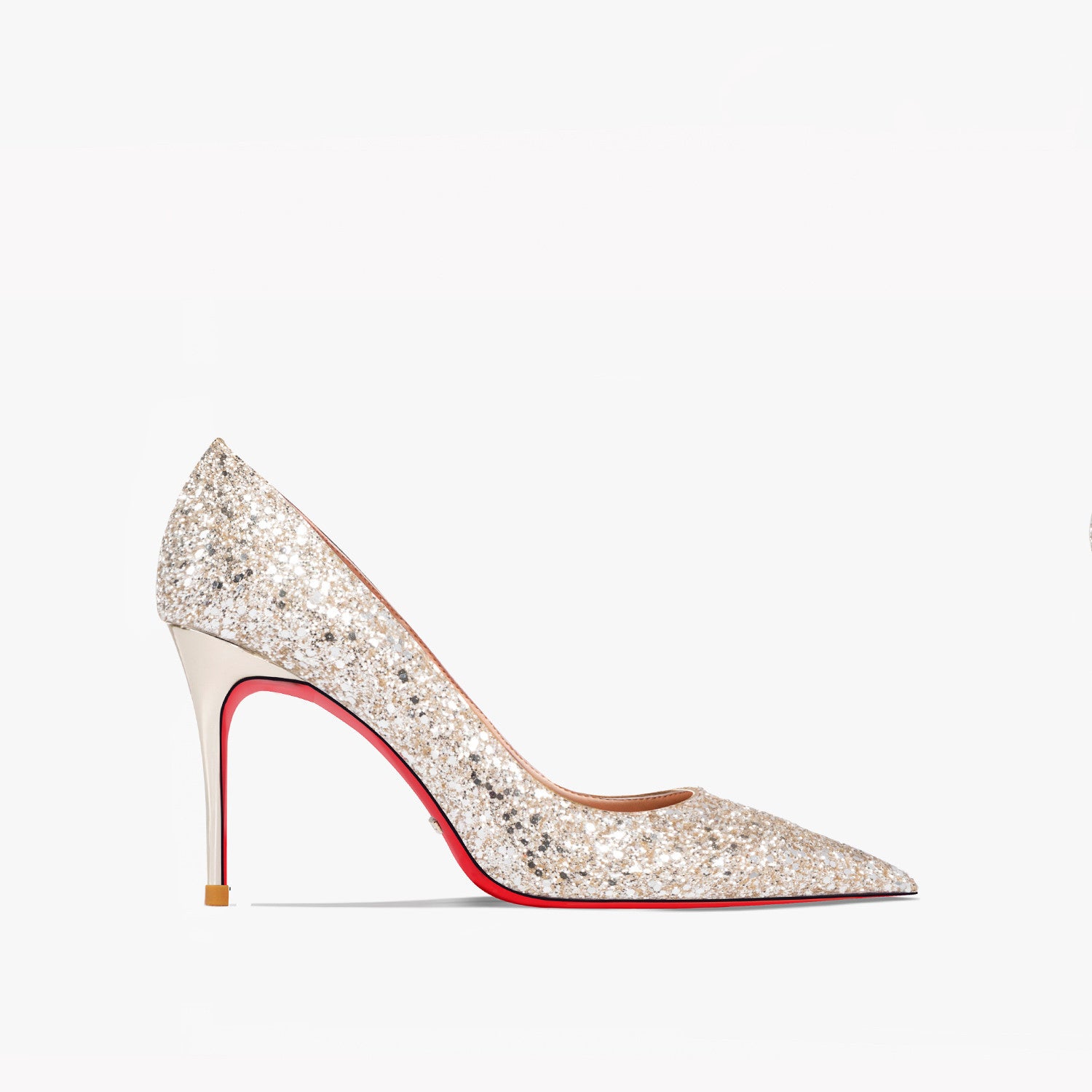 Sparkly high-heeled shoe with red sole on a white background