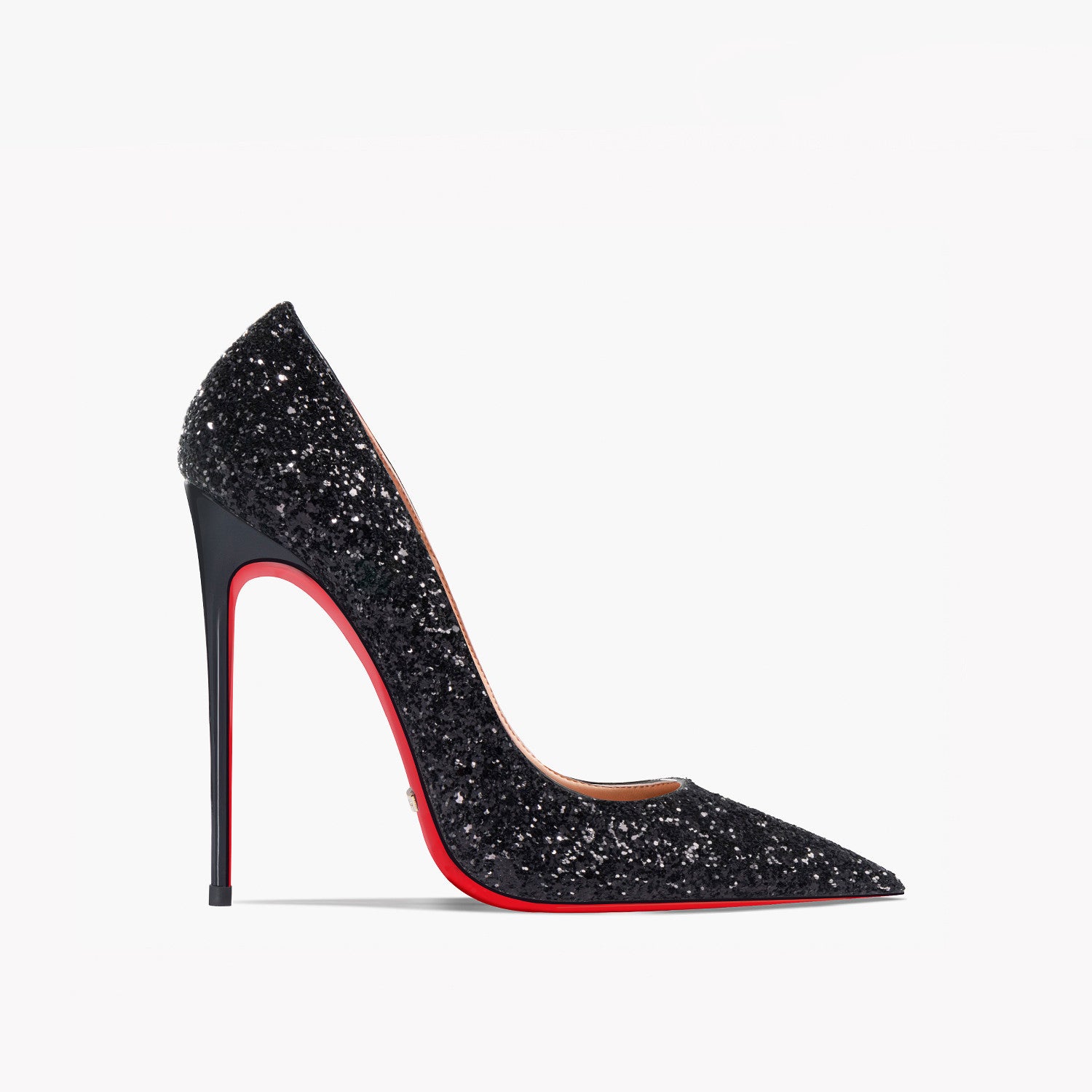 Black glitter high heel shoe with red sole on a white background