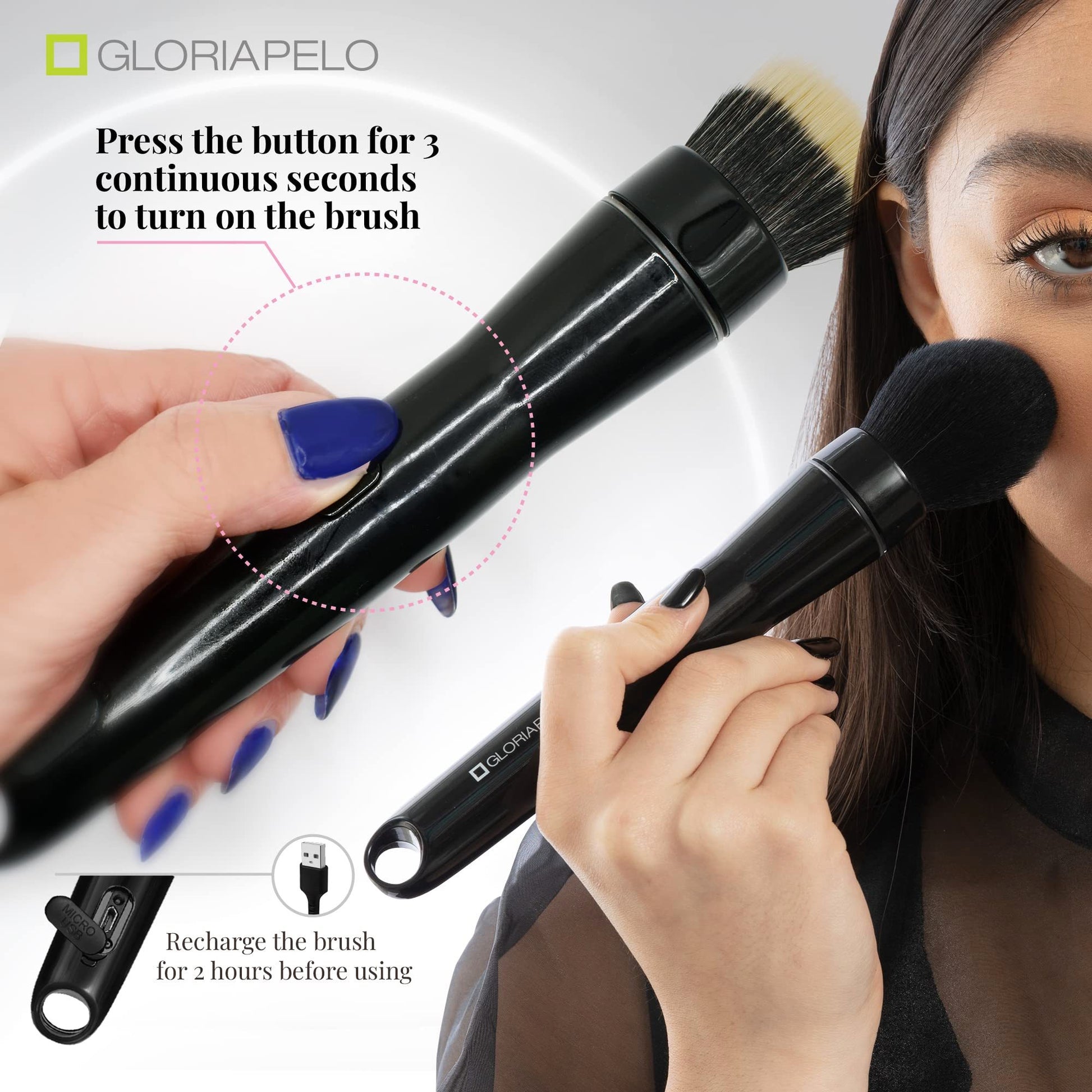 Gloria Pelo makeup brush with charging instructions and a woman using it.