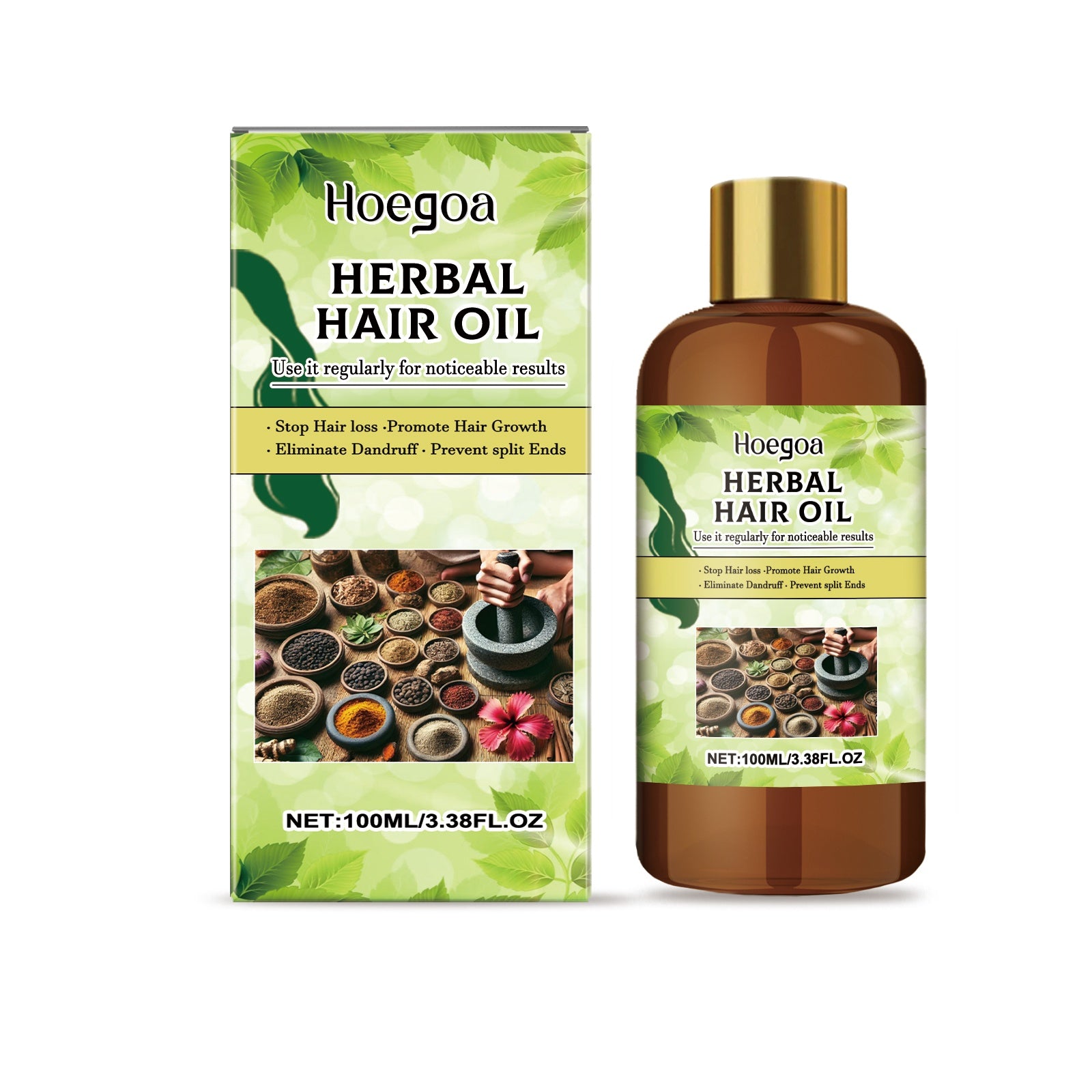 Hoega Herbal Hair Oil bottle and packaging on a white background