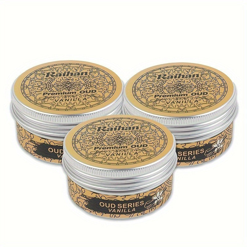 Three containers of Raihan Premium Oud Vanilla on a white background