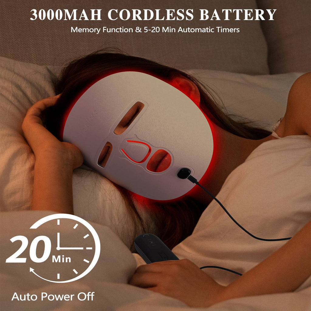 Person using a red and white electronic device on their neck with text about battery capacity and timers.
