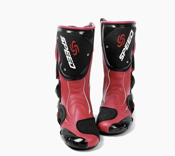 Red and black motorcycle boots with 'Speed' branding on a white background