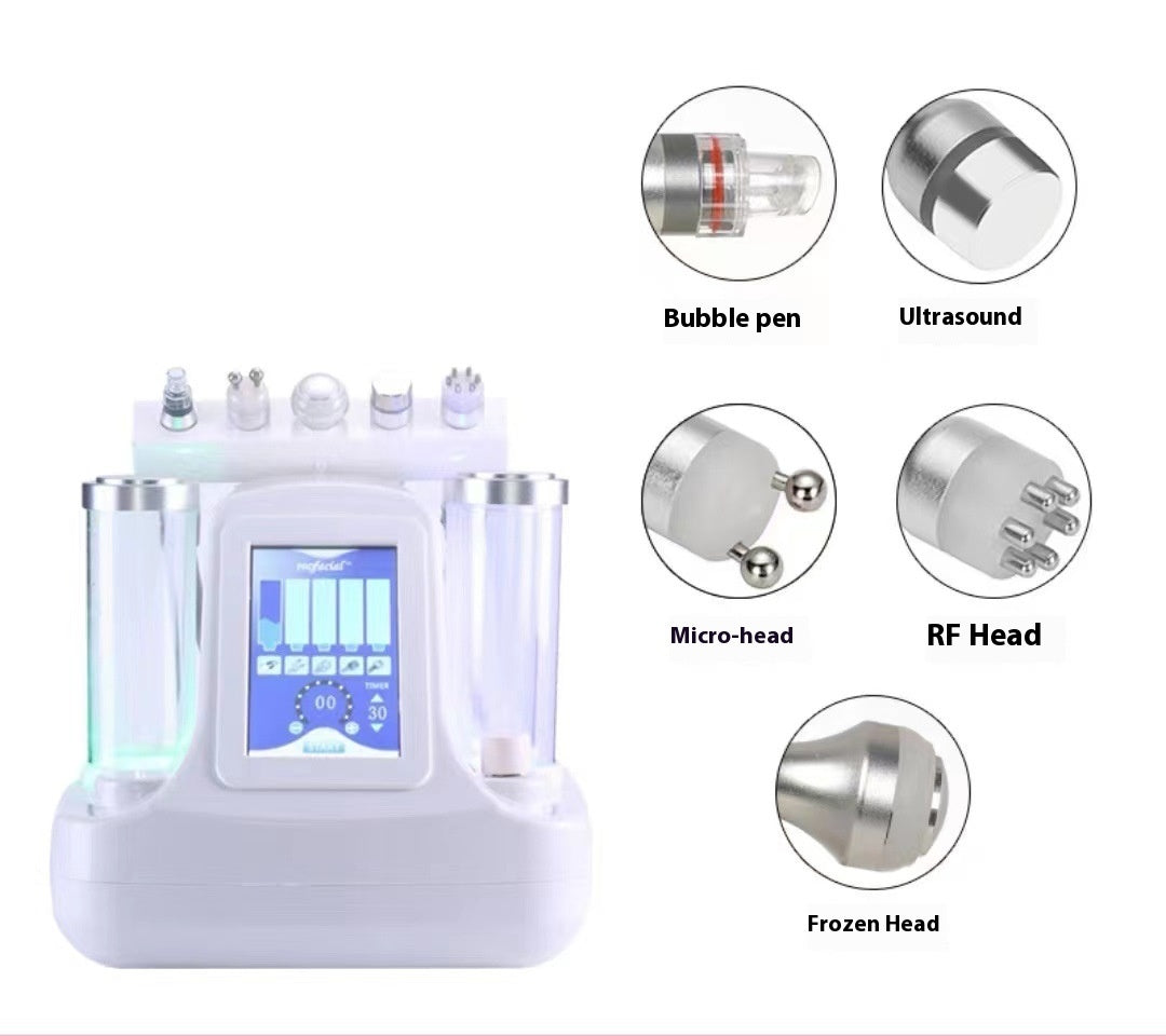 Beauty device with different heads labeled on a white background