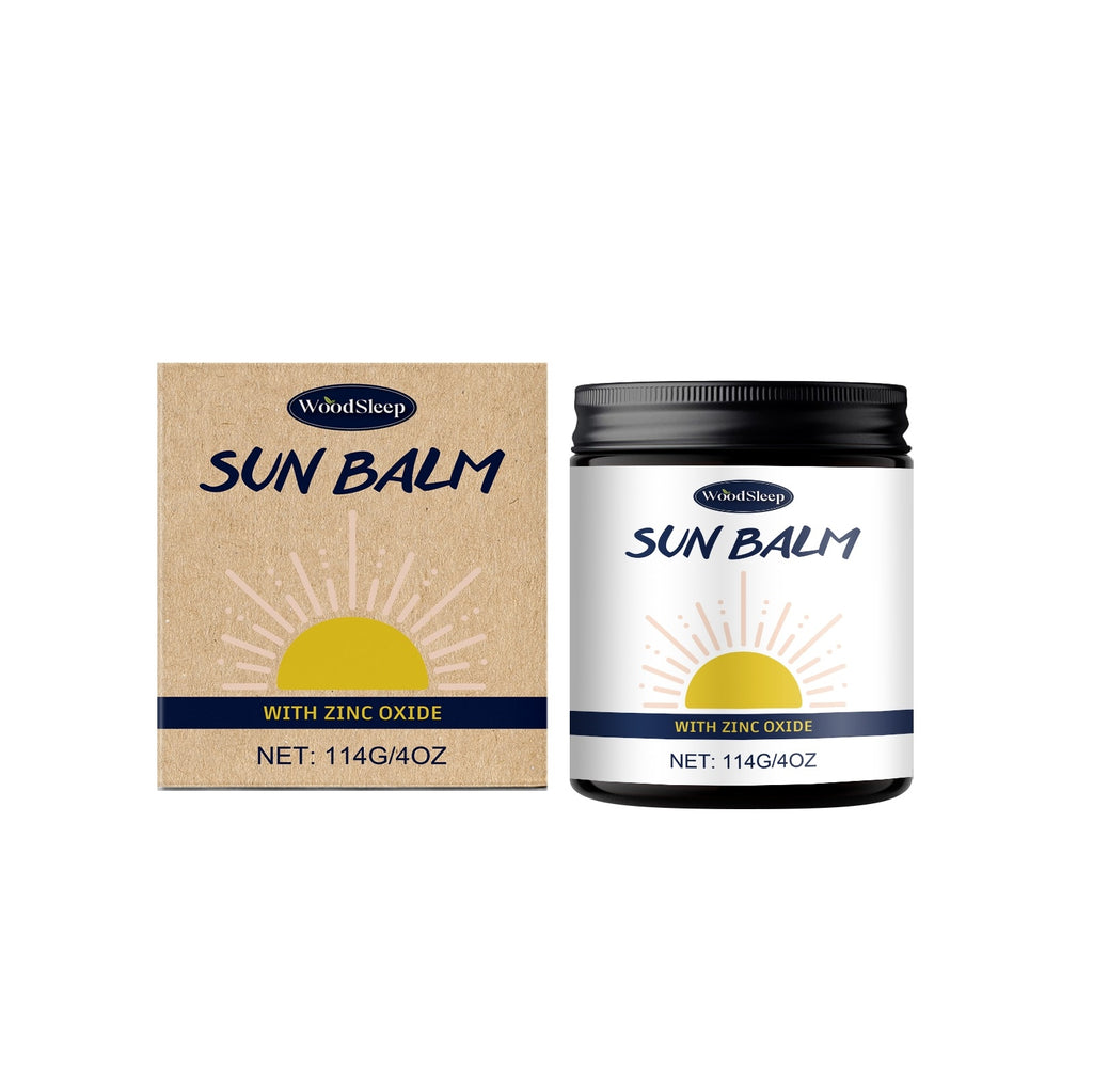 Sun balm packaging with jar and box on a white background