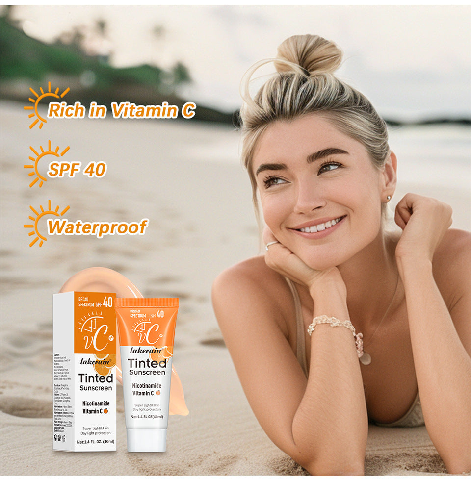 Woman on a beach with sunscreen products and text highlighting SPF 40, Vitamin C, and waterproof features.