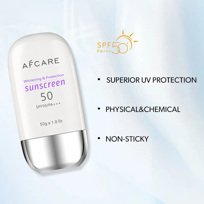 AFCARE sunscreen bottle with SPF 50 on a light blue background
