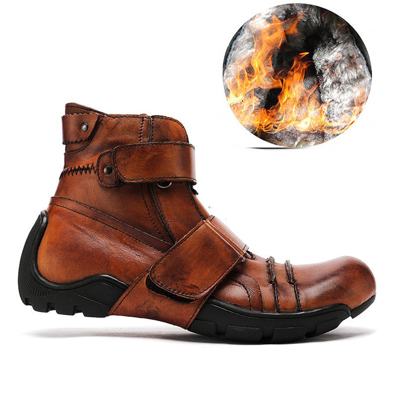 Brown leather boot with black sole on a white background, inset showing a close-up of the sole.