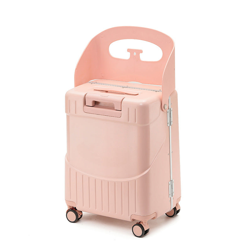 Pink suitcase with a matching pink top handle on a white background
