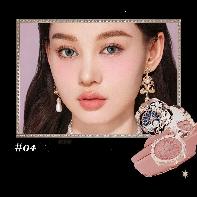 Close-up of a woman wearing elegant earrings with a decorative frame and pink background.