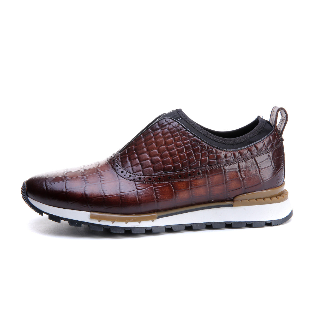Brown crocodile-patterned shoe with a white sole on a white background