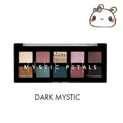 Mystic Petals Dark Mystic eyeshadow palette with a cartoon character in the corner.