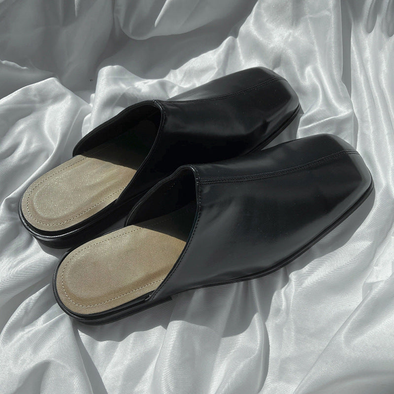 Men’s Square Toe PU Leather Slippers — Casual Flat Heel