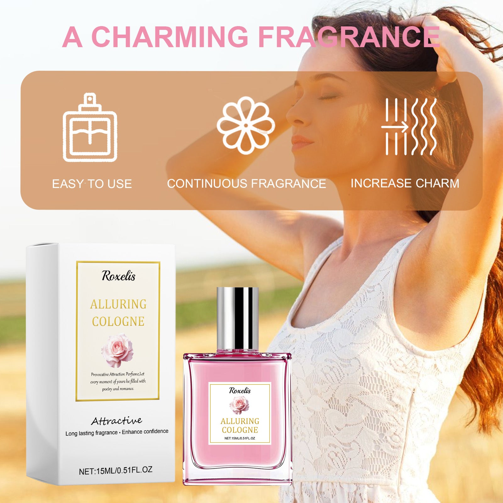 Roveli Alluring Cologne with packaging and a woman in a white dress against a blurred outdoor background.