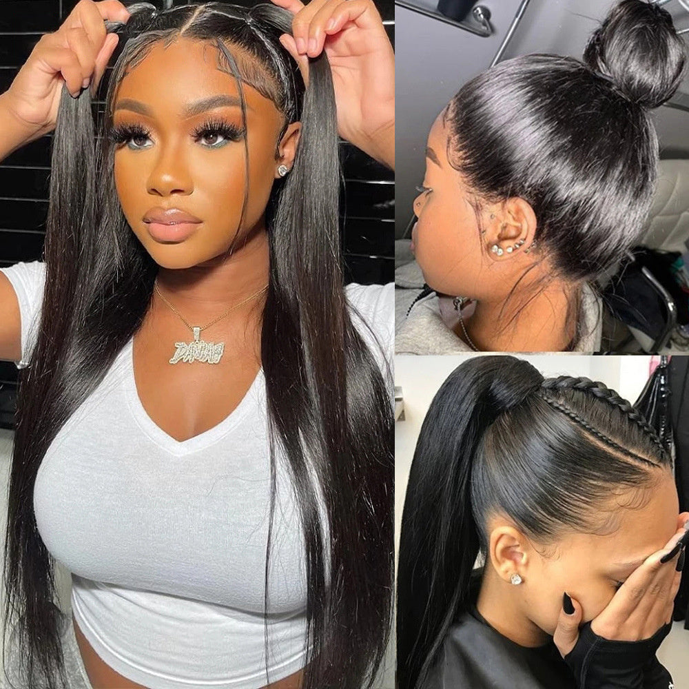Woman with styled hair in different angles, wearing a white top.